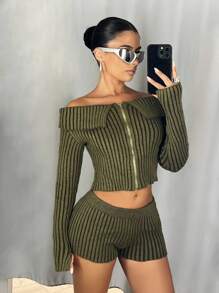 SHEIN ICON Bộ 2 áo len kẻ sọc một bên vai dài tay có khóa kéo phía trước và quần short dệt kim thời trang thu cho nữ - màu xanh lá - Xem 7