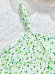 SHEIN Vintaside Kids 青少年女孩度假休闲纯色抽绳上衣和小碎花吊带裙两件套