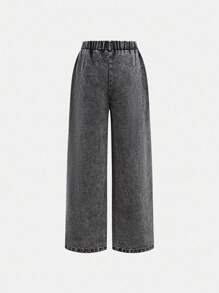 Girls' Casual Elegant Distressed Rhinestone Washed Loose Fit Jeans - Grey - View 2