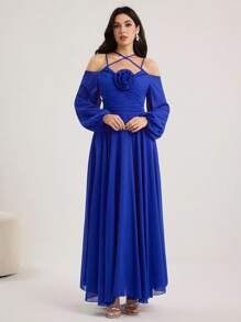 Modelyn Rochie elegantă de lungime medie pentru femei, cu decor floral 3D, albastru regal, rochie de seară formală albastră, rochie albastră cobalt, rochie lungă albastră, rochie formală cu umeri decupați, ținute lungi de vară pentru femei, rochii de seară de lux pentru femei, rochii de seară preppy pentru femei de toamnă, rochii de seară de lux pentru femei