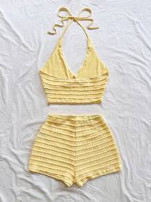 Soleia 2 件套女士度假装 - 甜美可爱浪漫乡村风格淡黄色纹理针织 V 领细肩带上衣和短裤套装，波西米亚风，波西米亚风，浪漫花卉 - 黃色 - 查看 2