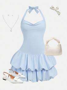 Girlism 少女针织腰部褶皱下摆休闲挂脖纯色迷你连衣裙