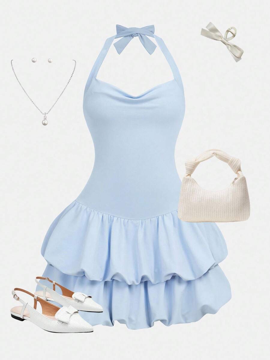 Girlism 少女针织腰部褶皱下摆休闲挂脖纯色迷你连衣裙