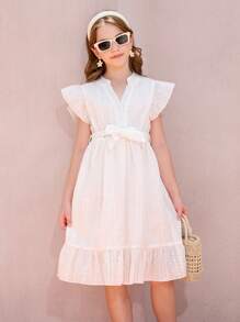 Tween Mädchen Kleid mit Stickerei, kurzen Ärmeln und Rüschensaum für Ballnacht