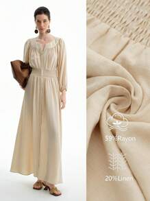 Aalyst 女士优雅斜条纹亚麻度假通勤休闲圆领镂空腰部 A 字高开叉泡泡袖中长连衣裙，春夏秋季