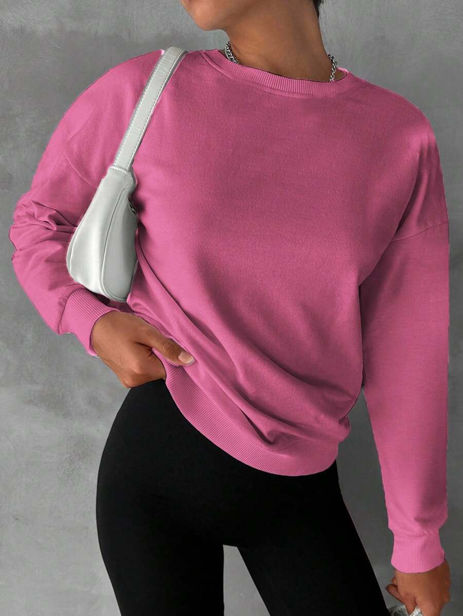 EURMUSE Cotton Solid Drop Shoulder Sweatshirt - Pink - View 1