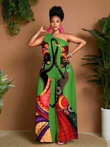 Maweii 大码女式印花图案无袖连体裤，宽松休闲时尚性感风格