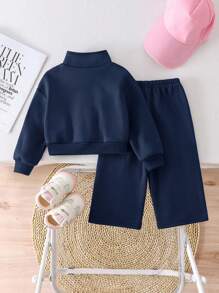 SHEIN 2 件套女婴图案保暖内衬保暖运动衫和裤子套装，适合秋冬季户外和室内穿着