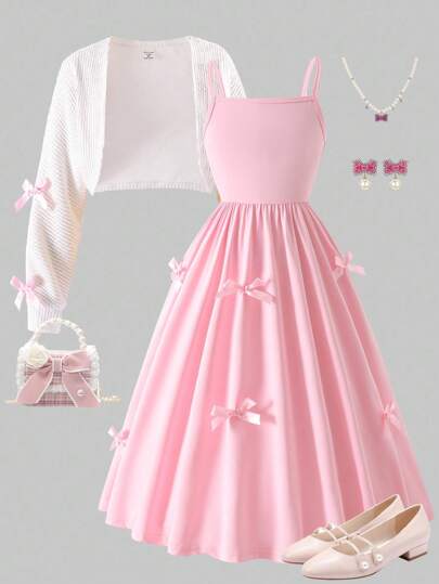 Sparklyn Tween Girl 2 Pieces Set: Pink Bow Decorated Cami Dress & White Shrug Fall Winter