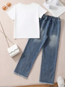 SHEIN 两件套青少年女孩 3D 蝴蝶结短袖 T 恤和牛仔长裤休闲装