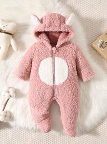 Pelele suave con capucha y manga larga con bloqueo de colores y bordado de orejas 3D para bebés recién nacidos niñas, otoño/invierno