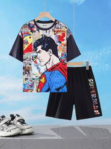 SUPERMAN X SHEIN Tween Boy Cartoon Graphic Black Casual Drop Shoulder Short Sleeve T-Shirt And Loose Shorts Sports Set - Multicolor - View 3