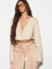 KIZN Long Sleeve Collared Wrap Blouse Button Down Professional Office Work Autumn Linen Feel Feel Oversized Casual Crossover Top With Shoulder Pads - Khaki - View 5