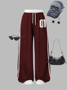 Sparklyn 少女休闲街头时尚短款字母印花运动裤，适合外出、街拍、上学 - 酒紅色 - 查看 3