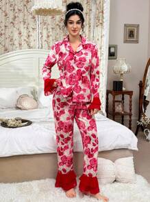 SHEIN 2 Stücke Damen Kontrast Rüschen Blume Muster Hemdkragen Langarm Top & Hose Pyjama Set, Herbst Winter Kleidung - Verschiedenfarbig - Übersicht 6