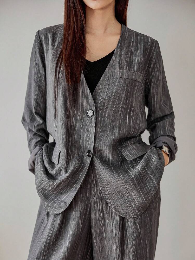Women's Textured Striped Loose Business Casual Commute Office Wear Shirt Cardigan And Straight Leg Pants Suit, Suitable For Autumn, Spring And Summer