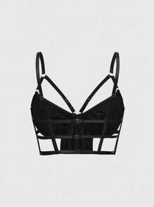 ROMWE Grunge Punk Bộ đồ lót dây và áo ngực có gọng PU Dark Punk, gợi cảm - màu đen - Xem 12