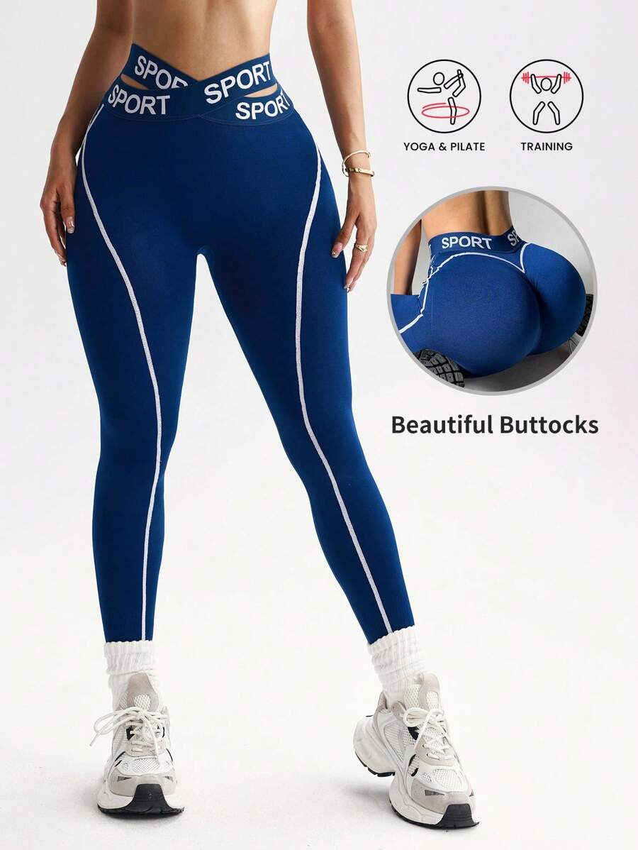 Core Rhythm 1 件女士宽腰字母弹力交叉腰带紧身裤，适合跑步和健身 - 藏蓝色 - 查看 1