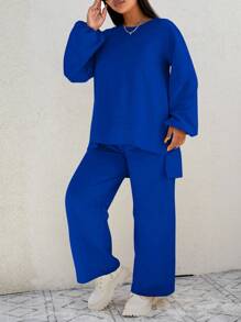 EURMUSE Plus Size Solid Color Asymmetrical Hem Top And Loose Pants 2pcs/Set - Navy Blue - View 4