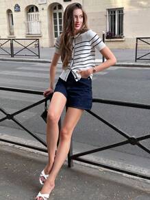 Pariaura Black & White Stripe Contrast Color Knit Cardigan, Short Sleeve Tops For Spring/Summer Knitted Sweater Clothes For University