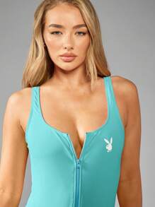 Missguided x Playboy 高开叉连体泳衣，前拉链设计，方领泳衣，高腿剪裁，夏季沙滩装 - 水鴨藍 - 查看 7