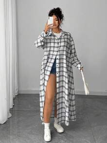 Elenzga 大码女式休闲长款单扣宽松格子夹克 - 彩色 - 查看 5