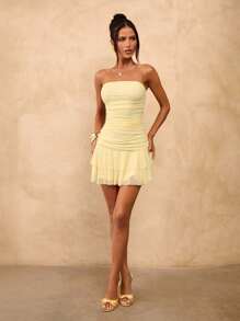 SHEIN BAE 春夏纯黄色奶油色露肩褶饰紧身迷你连衣裙，带荷叶边下摆，可爱夏装，早午餐连衣裙，黄色连衣裙