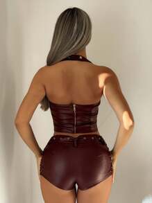 SHEIN ICON 2pcs Women Burgundy Deep-V Halter Top And High Slit Binding Shorts Set Brown Leather Two Piece Set - Red - View 3