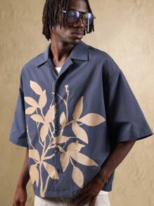 SUMWON Oversized Resort Botanical Shirt Button Down Short Sleeve Holiday Beach Vacation Casual Summer Retro Lounge Palm Print Relaxed Island Wear VACATION - Blue - View 3