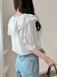 FRIFUL Blusa suelta de 3/4 de manga con volantes en patchwork y lazo cruzado, dulce para primavera y verano para mujer - Blanco - Ver 6