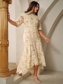 Anewsta Đầm đuôi cá tay ngắn in hoa cỡ lớn có thể hòa tan trong nước, ren, trang phục Maxi dành cho nữ - Màu vàng - Xem 7