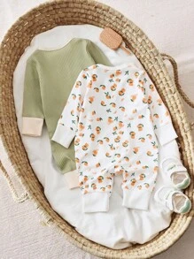 SHEIN 2 Stücke Neugeborene Baby Mädchen Lässig Strick Elastische Farbspleißen Langarm Romper Set