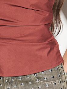 KIZN 无肩带褶皱棉质府绸束身胸衣式上衣，适合晚宴、夜店、夏季度假等场合。 - 鏽棕色 - 查看 5