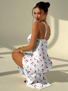 Aloruh 优雅可爱的樱桃图案全长性感吊带裙，适合夏季休闲度假、派对 - 彩色 - 查看 6