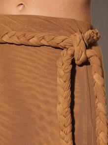 KIZN Flowy Maxi Skirt With Braided Belt Soft Mesh Resort Beachwear Summer Vacation Cover Up Side Draped Evening Party Long Floor Length - Brown - View 5