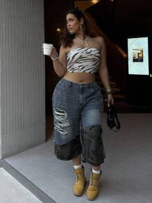 Slaydiva Plus Size Camouflage Patchwork Distressed 3/4 Length Jeans - Black - View 4