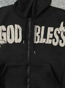 Manfinity EMRG Manfinity Streetrush 男士拉链连帽卫衣，黑色，复古美式风格，“上帝保佑”标语和祈祷手印花，复古街头风，适合春、秋、冬三季穿着，百搭“上帝保佑”黑色印花连帽衫，上帝主题连帽衫，宗教主题连帽衫，基督教服饰，长袖上衣 - 黑色 - 查看 4