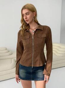 SHEIN EZwear Áo khoác thường ngày màu trơn dài tay có khóa kéo túi trước cho nữ - Màu Khaki - Xem 4