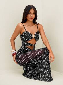 Bonvoyette 夏季海滩度假波点印花金属装饰连体泳衣和长裙两件套 - 黑與白 - 查看 1