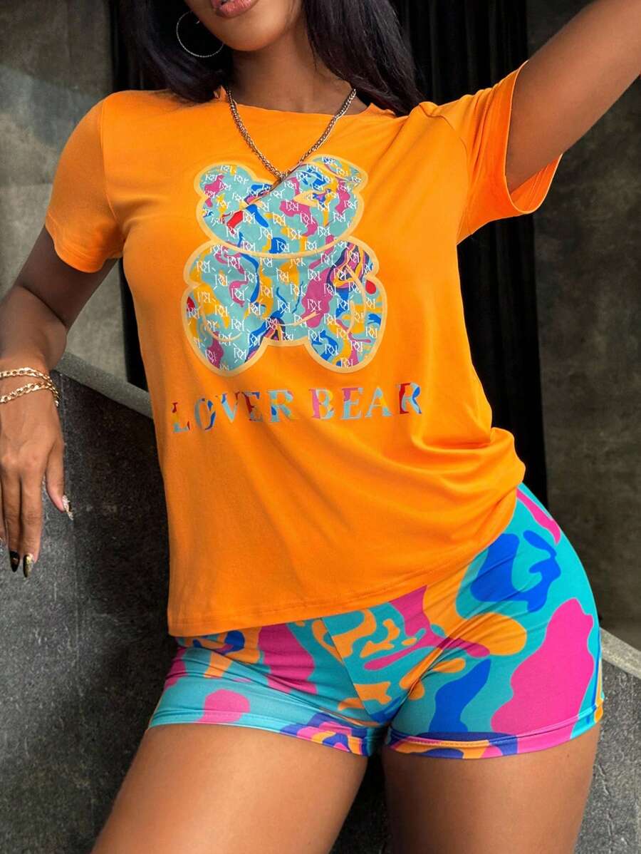 SHEIN Bear Print Short Sleeve Round Neck T-Shirt And Shorts - Orange - View 1