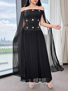Modelyn Women's Elegant Slim Fit Waist Cutout Off-Shoulder Long Dress - Black - View 4