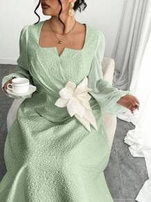 Modelyn Women Plus Size 3D Music Floral Decor Long Sleeve Dress Fall Cloth For Women - Green - View 6