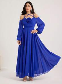 Modelyn Rochie elegantă de lungime medie pentru femei, cu decor floral 3D, albastru regal, rochie de seară formală albastră, rochie albastră cobalt, rochie lungă albastră, rochie formală cu umeri decupați, ținute lungi de vară pentru femei, rochii de seară de lux pentru femei, rochii de seară preppy pentru femei de toamnă, rochii de seară de lux pentru femei