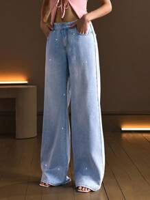 SHEIN Low Waist Silver Foil Detail Light Blue Washed Wide Leg Denim Jeans, Rhinestone Jeans - Light Wash - View 3