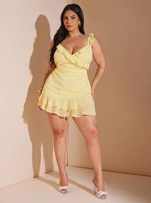 SHEIN BAE 大码女式浪漫性感 V 领荷叶边下摆迷你连衣裙、甜美休闲日常穿着、海滩度假派对短裙、春夏、毕业礼服、女士海滩装、美国独立日装、美国独立日装、海岛度假装、女士蜜月装、女士夏季装、泳池派对装、女士度假装、大码女装、音乐会装、优雅连衣裙、女士生日礼服、女士太阳裙、黄色