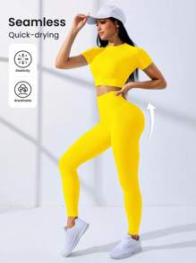 SHEIN Core Rhythm Set sport pentru femei, cu top scurt și colanți, culoare uni, fără cusături, elasticitate ridicată