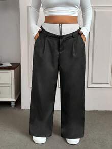 SHEIN EZwear Plus Size Women's Contrast Color Zipper Front Pockets Pleated Wide Leg Suit Pants - Black - View 5