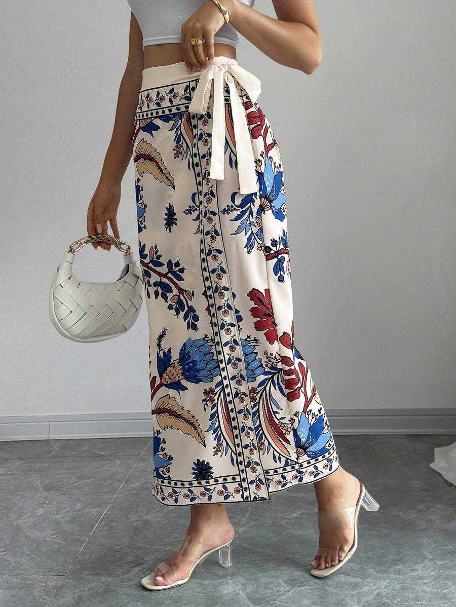 Elenzga Gonna lunga a portafoglio con stampa floreale e vita annodata, stile vacanziero di moda per le donne - Multicolore - Visualizzare 1