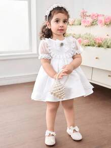 SHEIN Vestido Elegante de Bebê Menina com Babado de Tule de Malha Cor Sólida - Branco - Visão 4