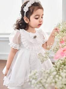 SHEIN Vestido Elegante de Bebê Menina com Babado de Tule de Malha Cor Sólida - Branco - Visão 5